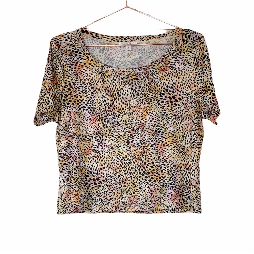 St. John Cheetah Print Gold Black Crop Boxy Tee Shirt Leopard Animal Print